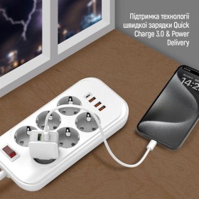 Фільтр живлення ColorWay CW-CHE64PDW 6 розеток, 4USB (Type-C PD20W  3USB QC3.0) (38W), 2м, White