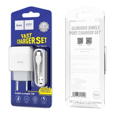 Зарядний пристрій Hoco C72A Glorious (1USB, 2.1А) White (6931474713018)  кабель Type-C